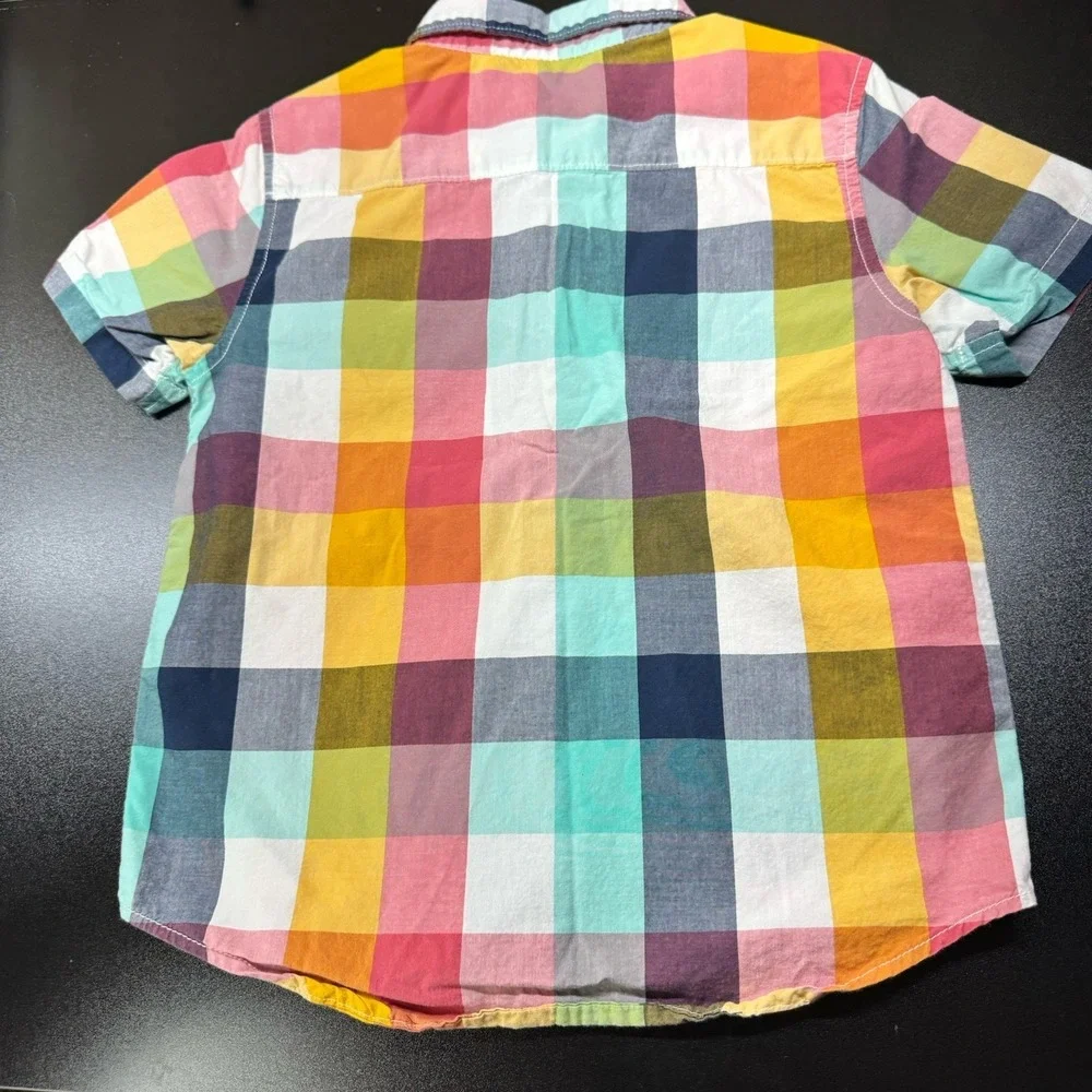Gymboree Boys Rock Yellow‎ Blue Magenta Checkered Shirt Size S 5/6 Short Sleeve